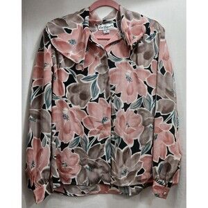 VTG Eva Laurel New York Womens L/S Peach Brown Floral Button Up Blouse 8 Note